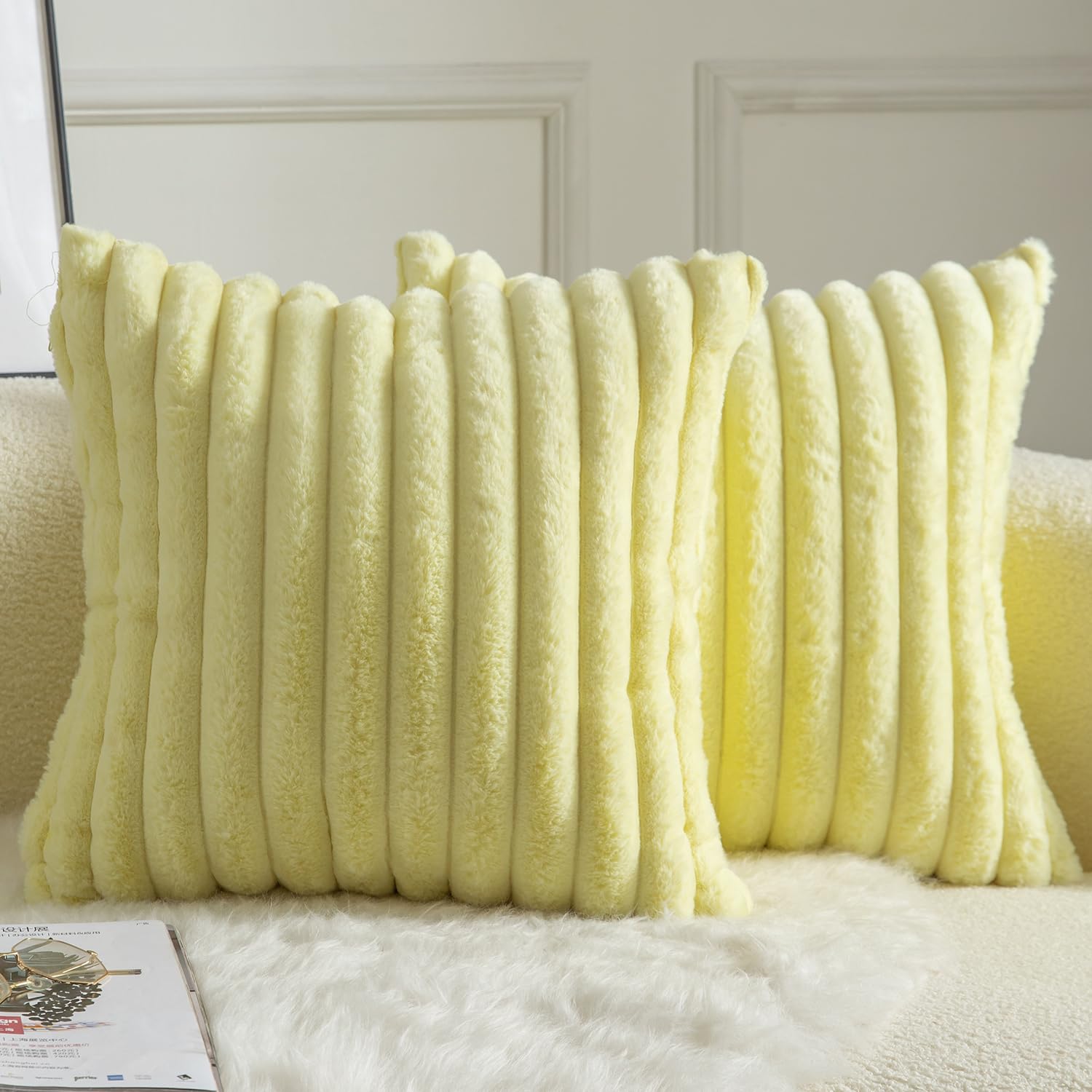 Mandioo Pack of 2 Decorative Cushion Covers 30cm x 50cm Faux Fur Striped Plush Soft Throw Pillow Covers Pillow Cases Bedroom Living Room Sofa Home 20x20 Inch Yellow
