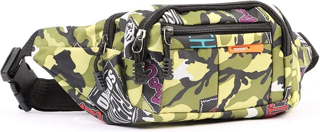 NiCoLa Bum Bag Camo Waist Bag for Boys, Waterproof Fanny Pack Crossbody Bags with Adjustable Belt, Casual Waist Bag for Running Dog Walking Cycling Hiking Outdoor Travel (Green)