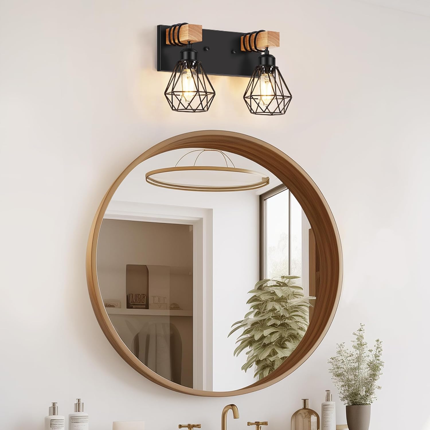 FadimiKoo 2-Light Rustic Style Wood Bathroom Wall Sconce, Farmhouse Vanity Lighting Fixture fopr Bathroom, Industrial Wood Wall Light Over Mirror with Metal Shade, Bulbs Not Included