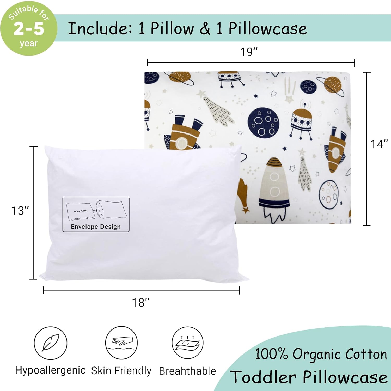 zpecc toddler pillow with pillowcase - 13x18 organic cotton hypoallergenic kids pillow, baby essentials for travel crib daycare stroller (intended for age 2 and up) universe universe 2 piece set 13"x18"