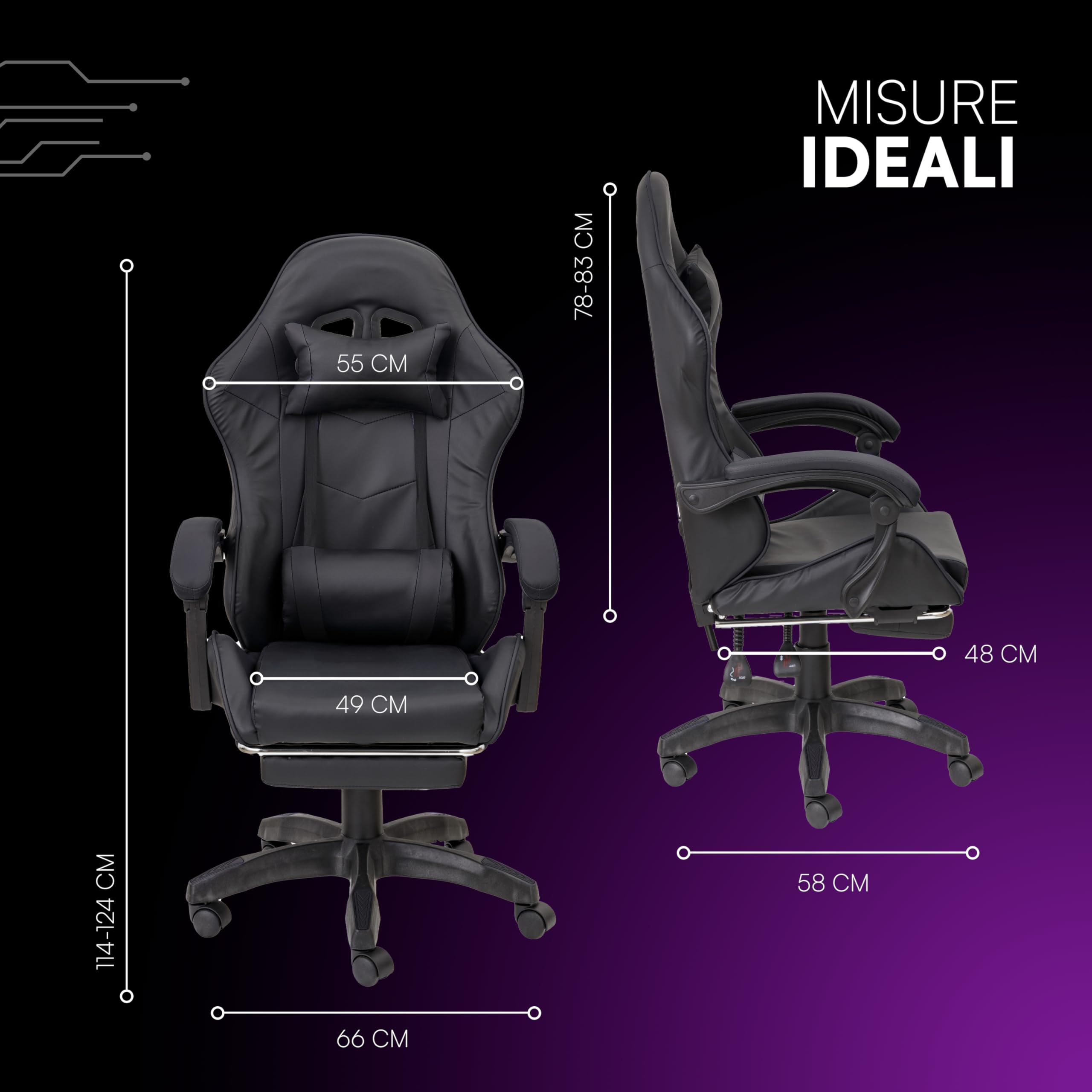 Baroni Home Sedia Gaming Ergonomica con Massaggiatore Lombare, Altezza Regolabile e Schienale Inclinabile, Sedia Ufficio con Comodo Poggiatesta e Poggiapiedi, in Soft Foam, Nero, 58x66x114-124 cm