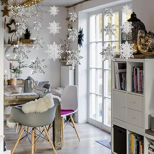 Vista 4 de Crafare Adornos colgantes de copos de nieve 3D de Navidad, 3 tamaños, 18 unidades, blanco y plateado, guirnalda colgante para invierno, país