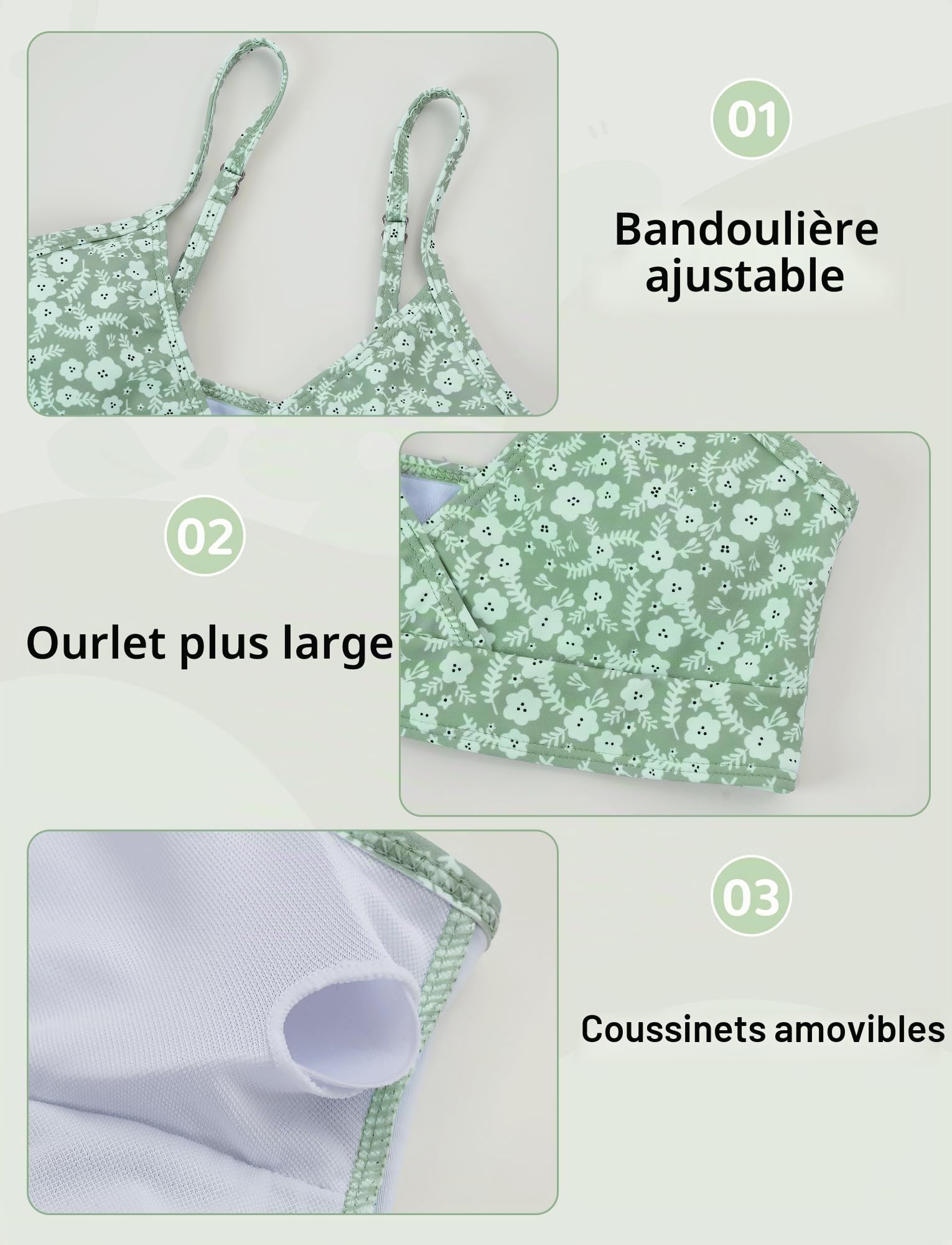 SEAUR Fille Ensemble Bikini Fleur Mode Maillot de Bain Fille 3 Pieces Vetement de Plage Confortable Natation 6-16 Ans