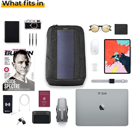 Miniatura 6 de Iconic  Mochila solar con panel solar integrado de 7 vatios  Puerto USB  Incluye compartimento para portátil de 17 pulgadas  20 litros  Textil