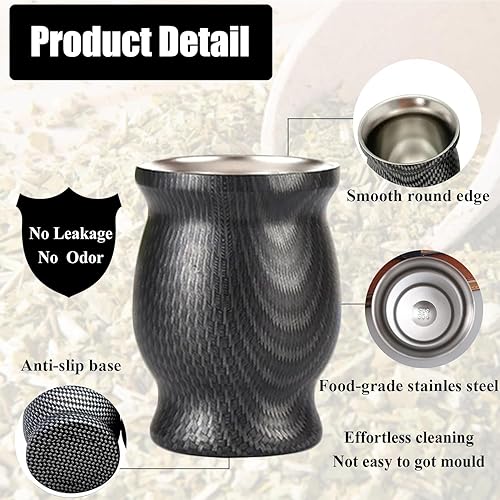 Miniatura 3 de YTCYKJ Juego de 2 tazas de té de calabaza y bombilla de yerba mate, de acero inoxidable, doble pared, textura de fibra de carbono, con pajitas de