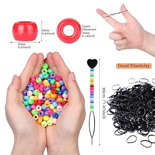 Miniatura 9 de Kit de 1605 cuentas para trenzas de cabello que incluye 600 cuentas de pony de 0.354 x 0.236 in, 1000 bandas elásticas de goma y 5 cuentas rápidas