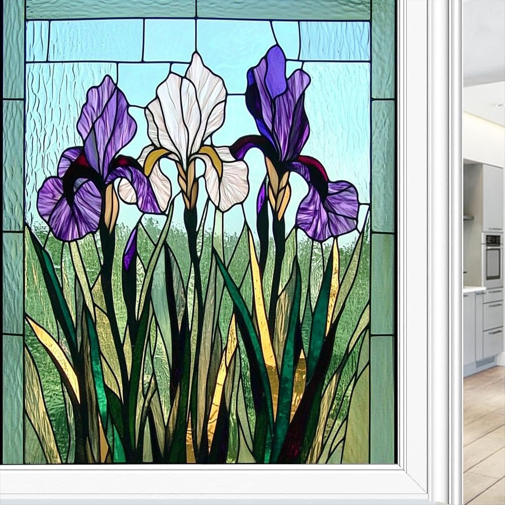 Beautiful Flower Stained Glass Window Stickers Modern Garden Texture Plant Bouquet Privacy Window Film Glass Door Covering Self-Adhesive Decals for Bathroom Kitchen 23.6Wx35.4L inch