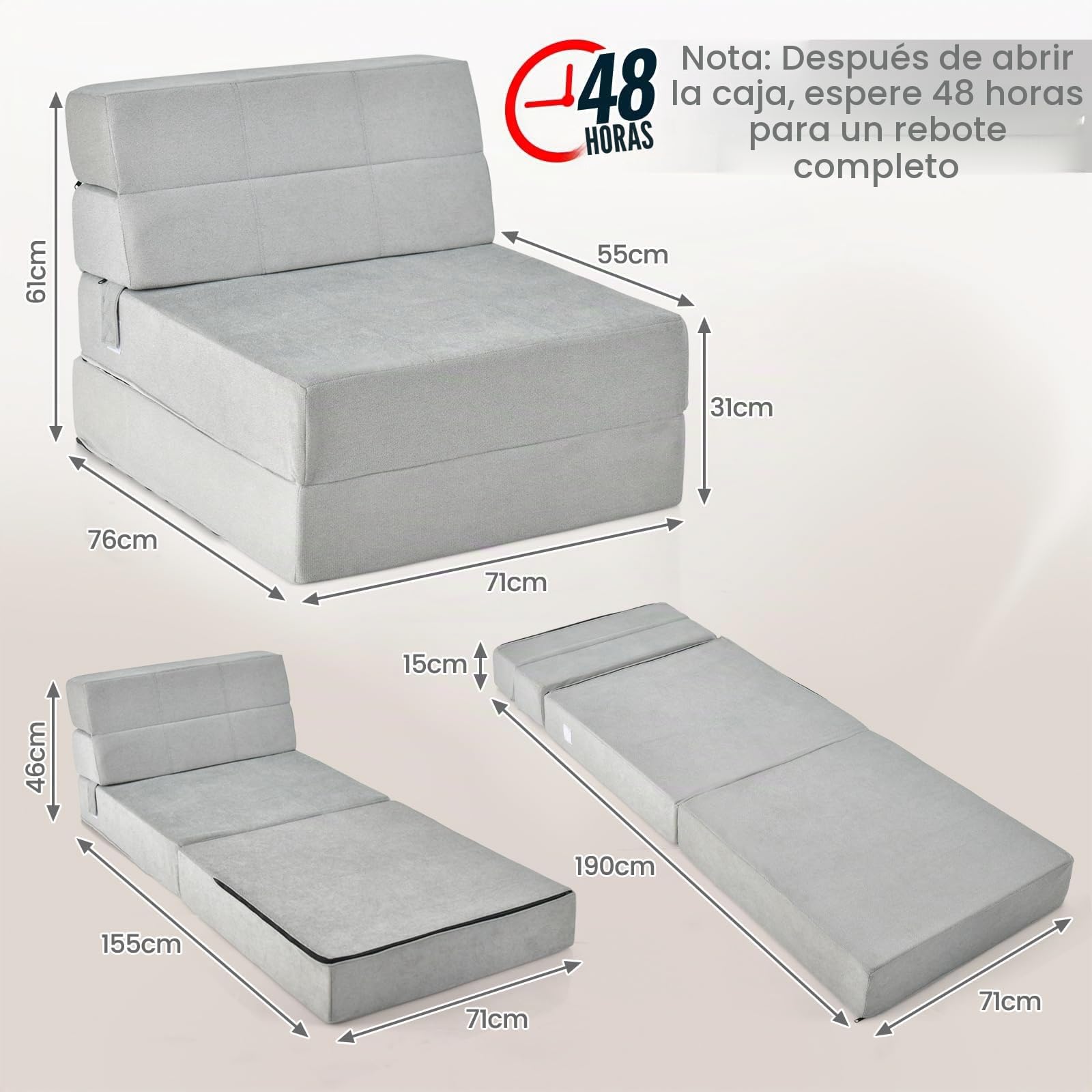 FANTASK Sofá Cama Plegable 3 en 1, colchón Plegable, Espuma Extra Gruesa (15 cm), sofá Cama, colchón de Suelo, colchón Plegable, colchón de Invitados con Funda extraíble y Lavable, 190 x 71 x 15 cm,