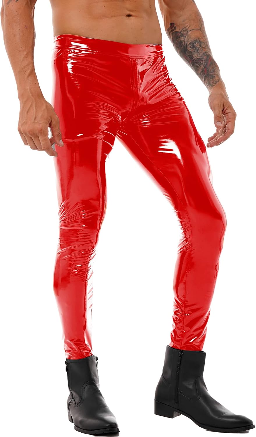 Vxuxlje Men's PVC Leather Skinny Pants Stage Club Solid Zipper Crotch Stretch Tight Leggings
