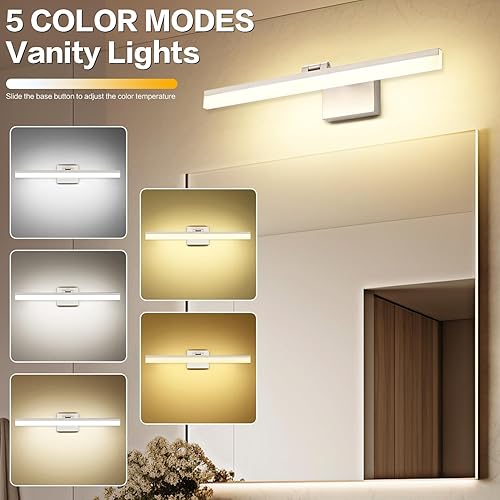 Miniatura 3 de SOLFART Luces LED de tocador de 24 pulgadas de níquel cepillado, lámpara de tocador de baño, luces sobre espejo, accesorios de iluminación de