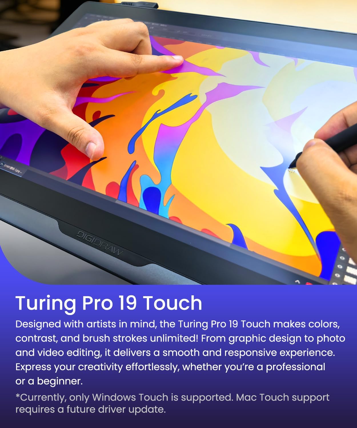 DIGIDRAW Drawing Tablet 18.4in 4K UHD with Touch Screen, △E<1.3 99.8% sRGB 16K Pressure Battery-Free Pen Fully Laminated Anti-Glare+Anti-Fingerprint Includes Remote Control for Digital Art, Animation