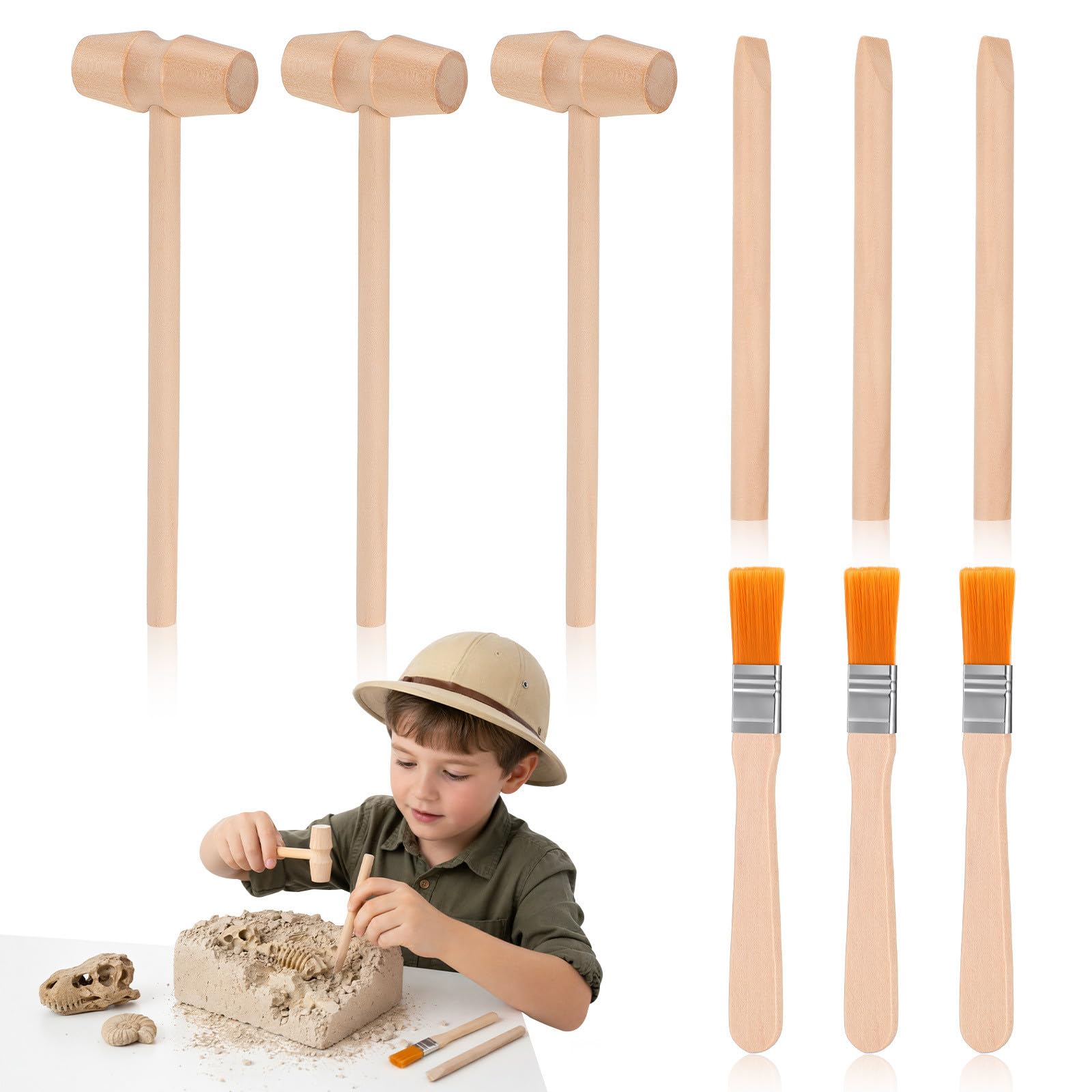 jojofuny 3 Sets Kids Tool Set with Wooden Hammer And Brush - Dinosaur Digging Toys for Gemstone Excavation - Educational Stem Dig Kit for Children
