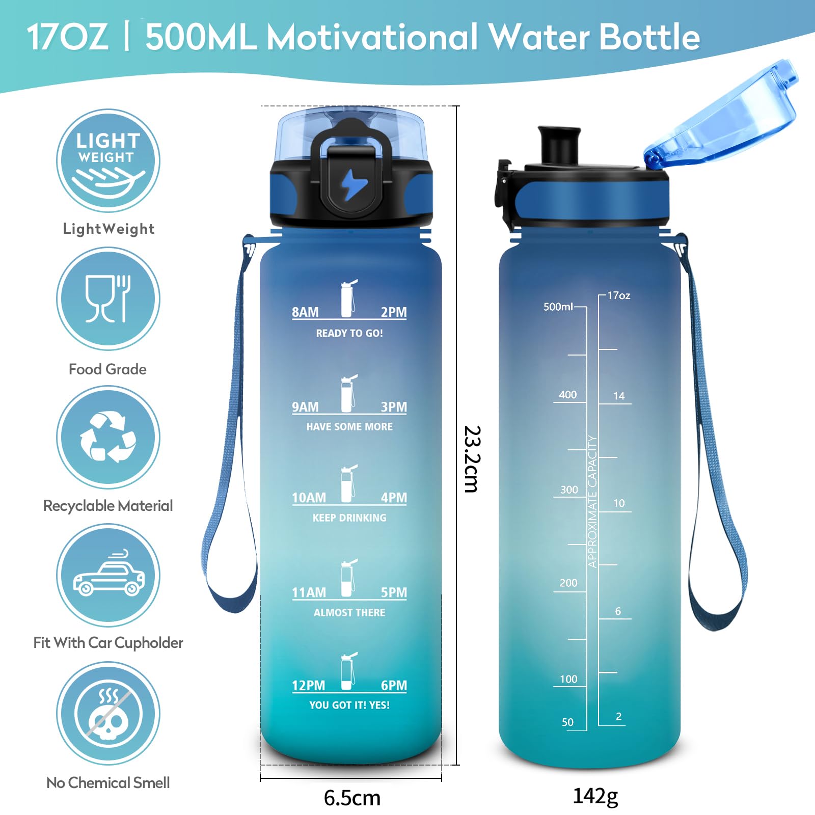 KollyKolla Borraccia 500ml/1L/1.5L,Palestra a Prova di Perdite,Motivazionale con Filtro, Bottiglia d'acqua Sportiva con Indicatore del Tempo, Borraccia per Bambino, Bambina, Sport, Scuola