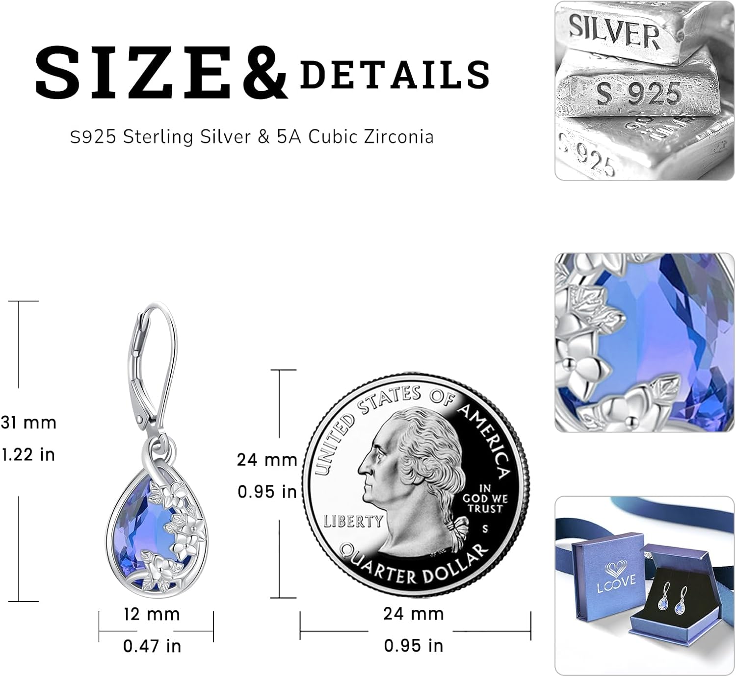 Flower Drop Dangle Teardrop Earrings 925 Sterling Silver Birthstone Leverback Earrings for Women Jewelry Gifts for Mother/Mom