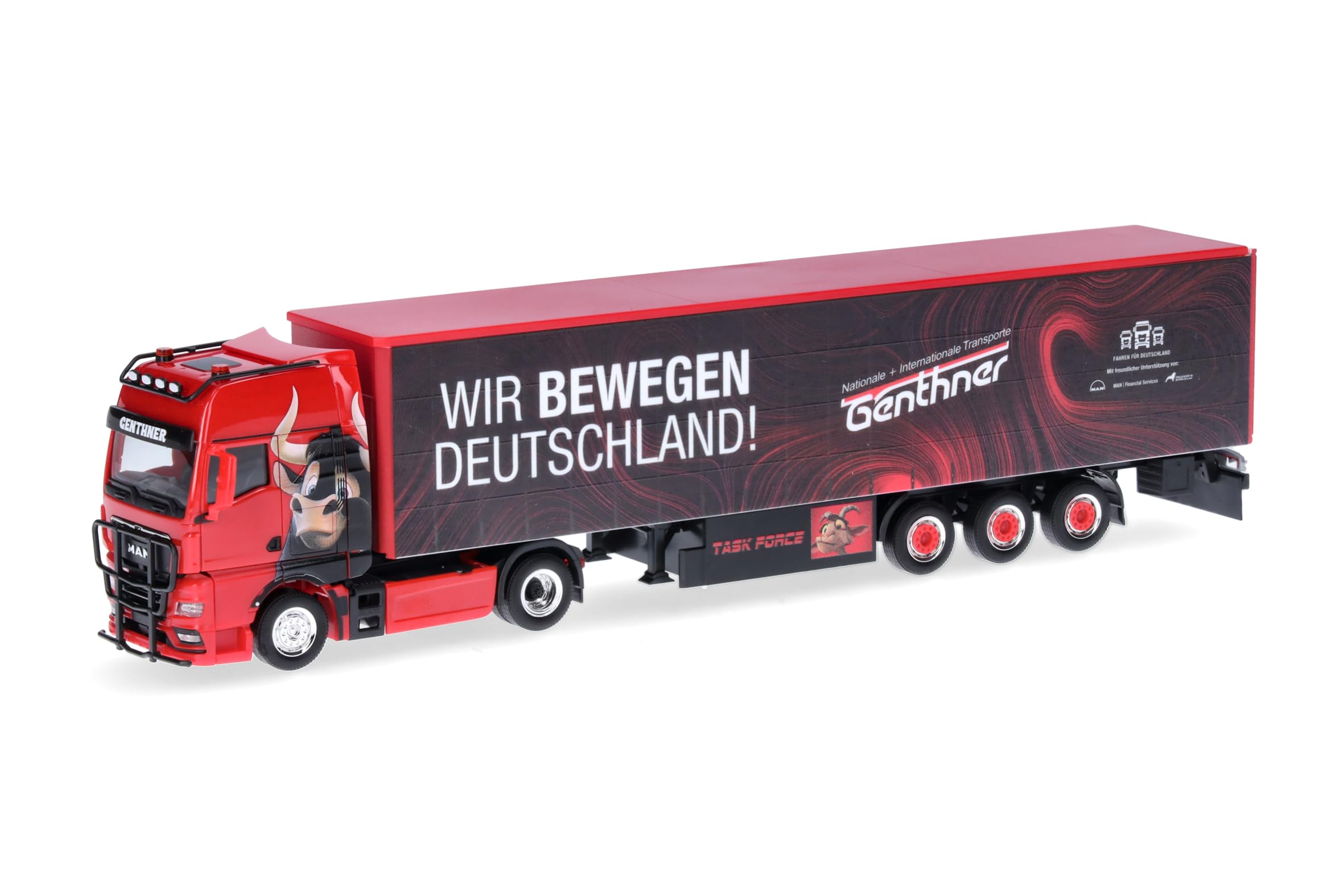 herpa Truck Model Man TGX GX Curtain Tarpaulin Saddle Trailer Genthner/Wir bewegen Deutschland (Baden-Württemberg/Oberderdingen), Miniature in Scale 1:87, Collectible, Made in Germany, Plastic