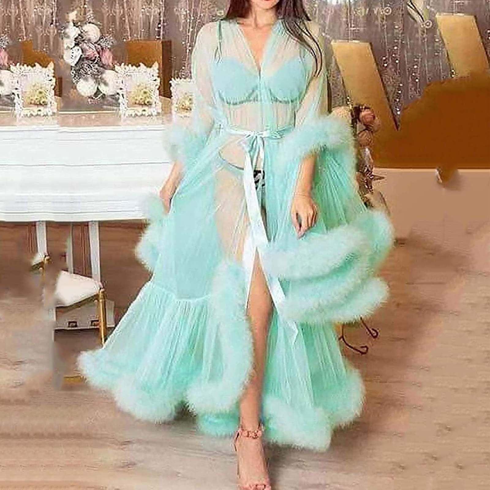 Générique Femme Sexy Kimono Long Dentelle Trasparente Queen Robe Perspective Lingerie de Nuit Sheer Nuisette avec Plumes Ceinture Grande Taille Chambre Kimono Maille Transparente,K,One Size