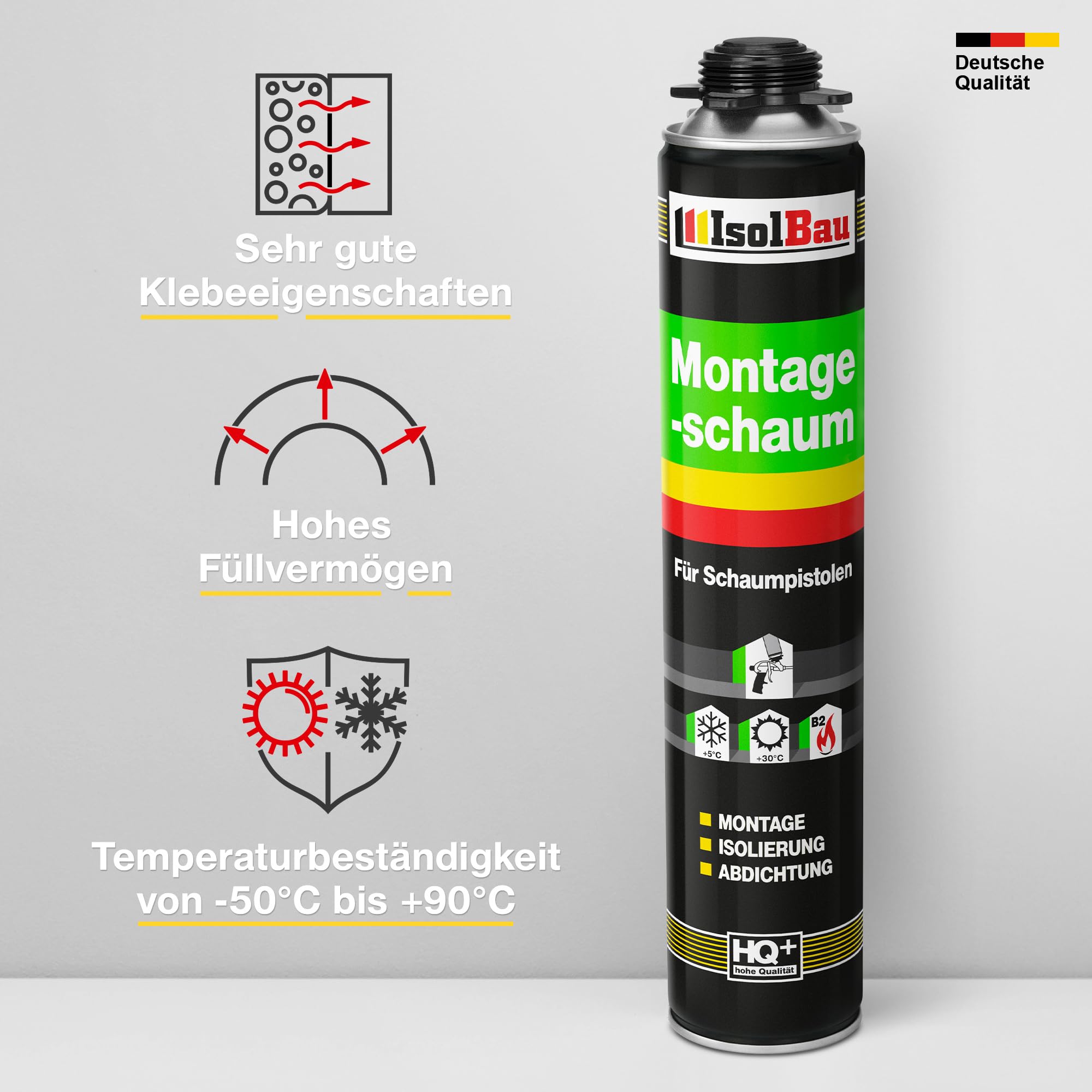 Isolbau Bauschaum-Set - Inkl. 12 x 1K Montageschaum B2 Pistolenschaum mit hervorragender Schall und Wärmedämmung (je 750 ml) & 1x Schaumpistole, Dämmen