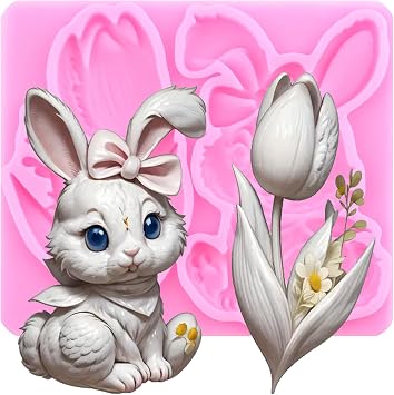 Easter Bunny Fondant Mold Rabbit Tulip Flower Silicone Mold
