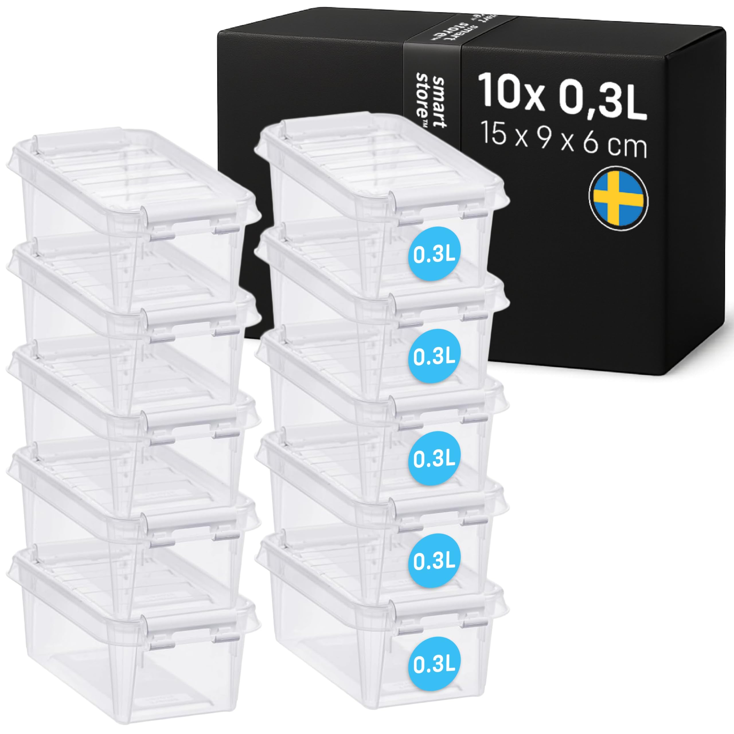 SmartStore Małe plastikowe pudełka do przechowywania 0,3 l z pokrywkami, zestaw 10 sztuk, przezroczyste, można układać w stos i gniazdować, bezpieczne dla żywności i bez BPA, zamykane na klips, dł. 15