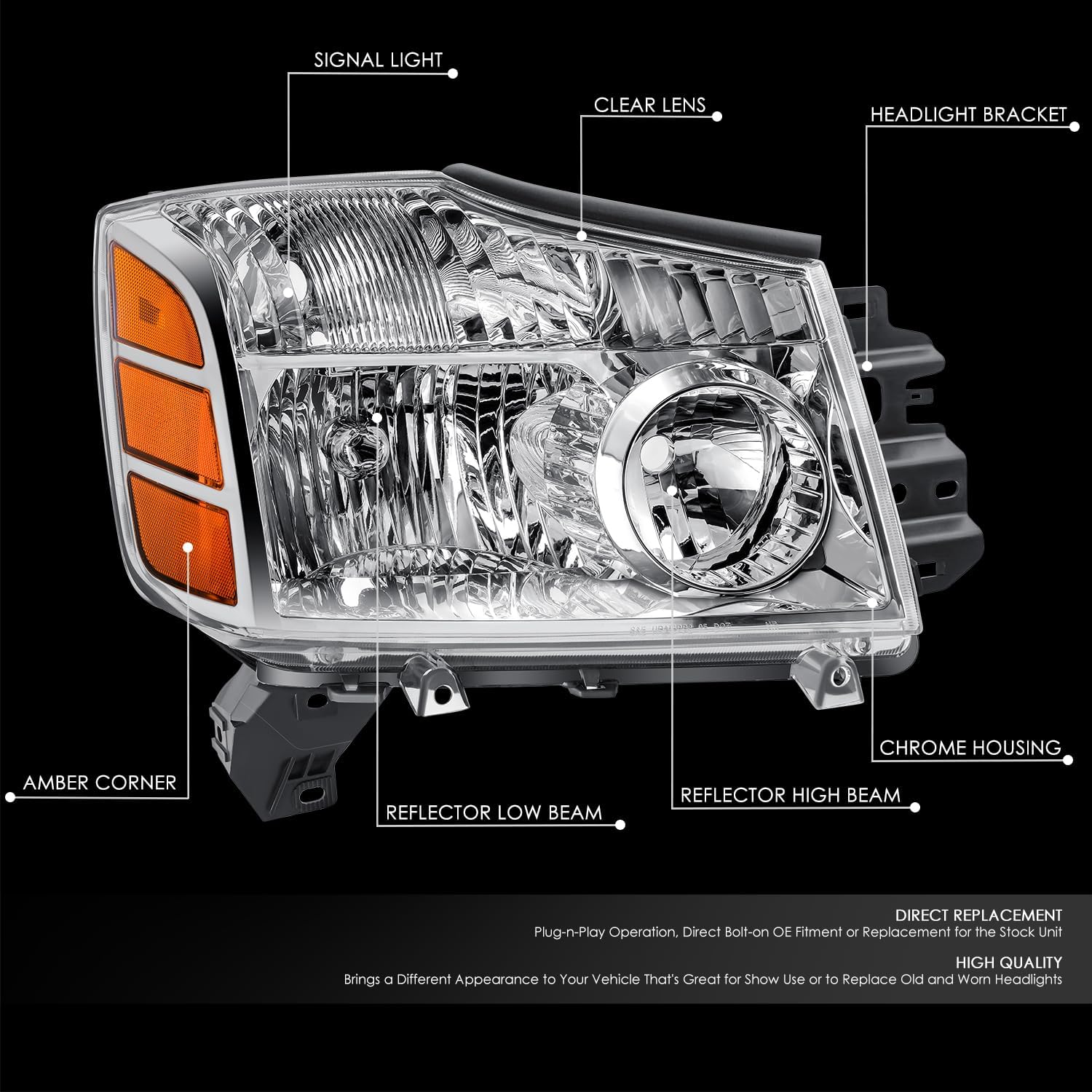 DNA MOTORING Right OE Style Headlight Compatible with 05-07 Armada / 04-06 Titan / 2004 Pathfinder, OEM-HL-0220-R