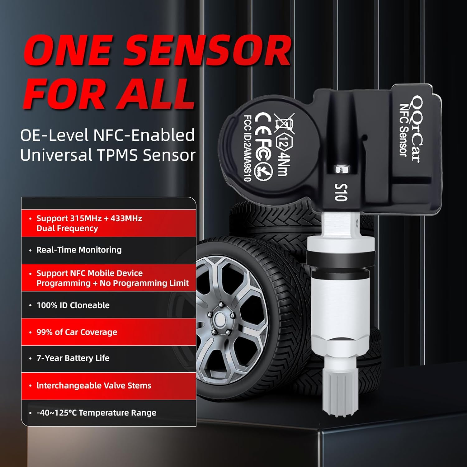 Universal TPMS Sensors Set of 4, 315/433MHz NFC Phone Programmable TPMS Sensor 100% Cloning No Need Programming Tool,OE-Level TPMS Sensors