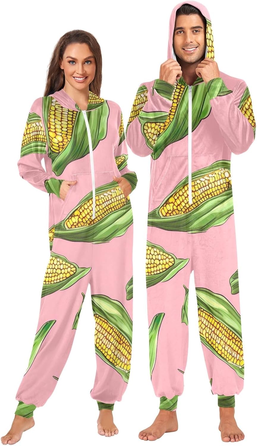 GAIREG Corn Pink Adult Onesie Pajamas Jumpsuit, Soft Fleece One Piece Loungewear for Men Women with Hood and Zipper