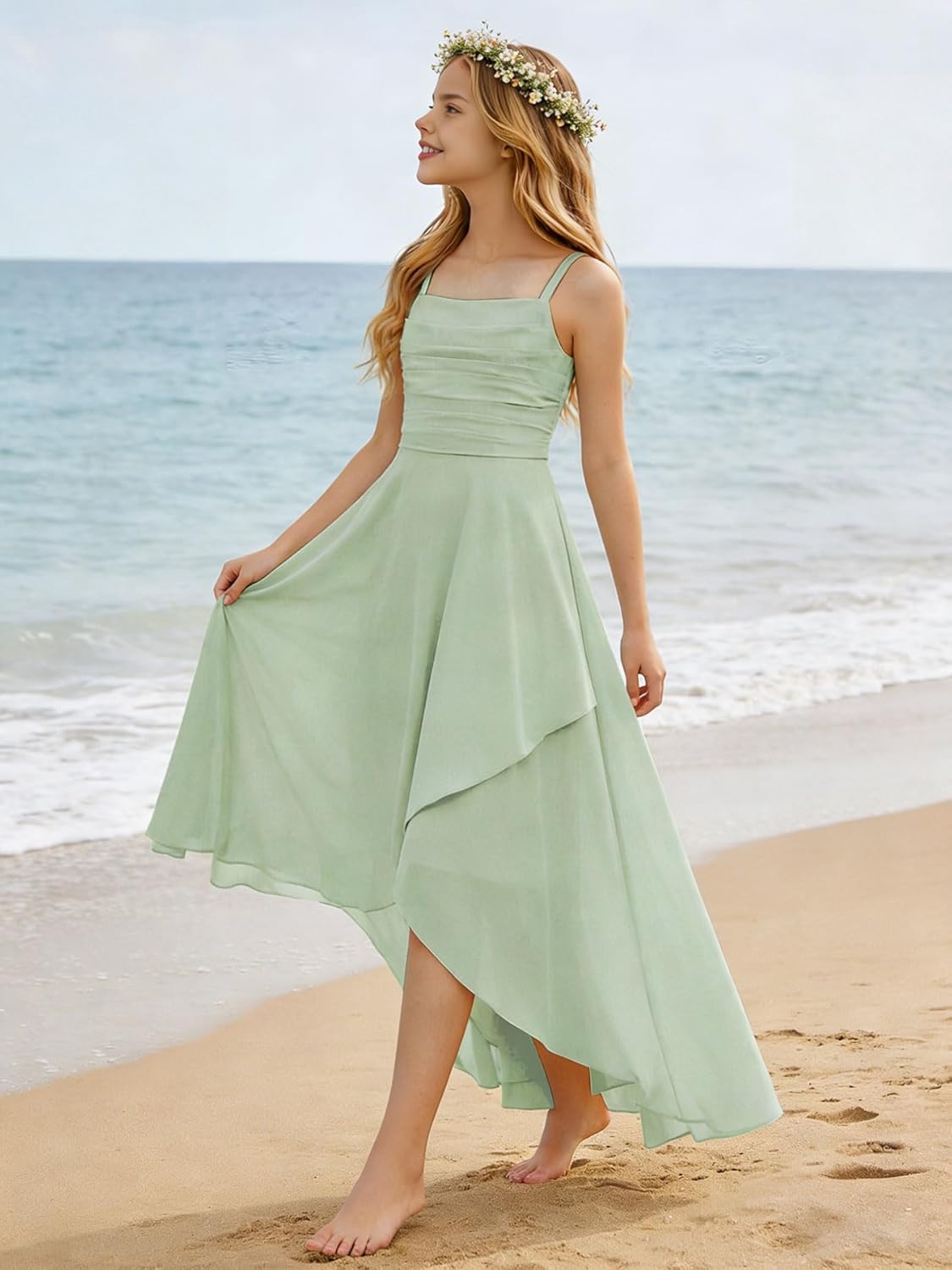 Junior Bridesmaid Dresses for Teen Girls Square Neck High Low Chiffon Flower Girl Dress Wedding Guest Formal Gowns
