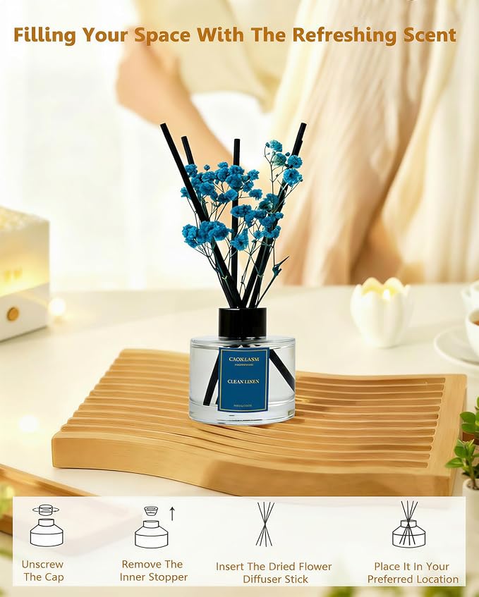 Reed Diffuser Set-Clean Linen Scent Fragrance Oil Diffuser with 6 Reed Sticks | Home & Bedroom Bathroom Decor,3.38 fl oz (100ml) miniatura 4