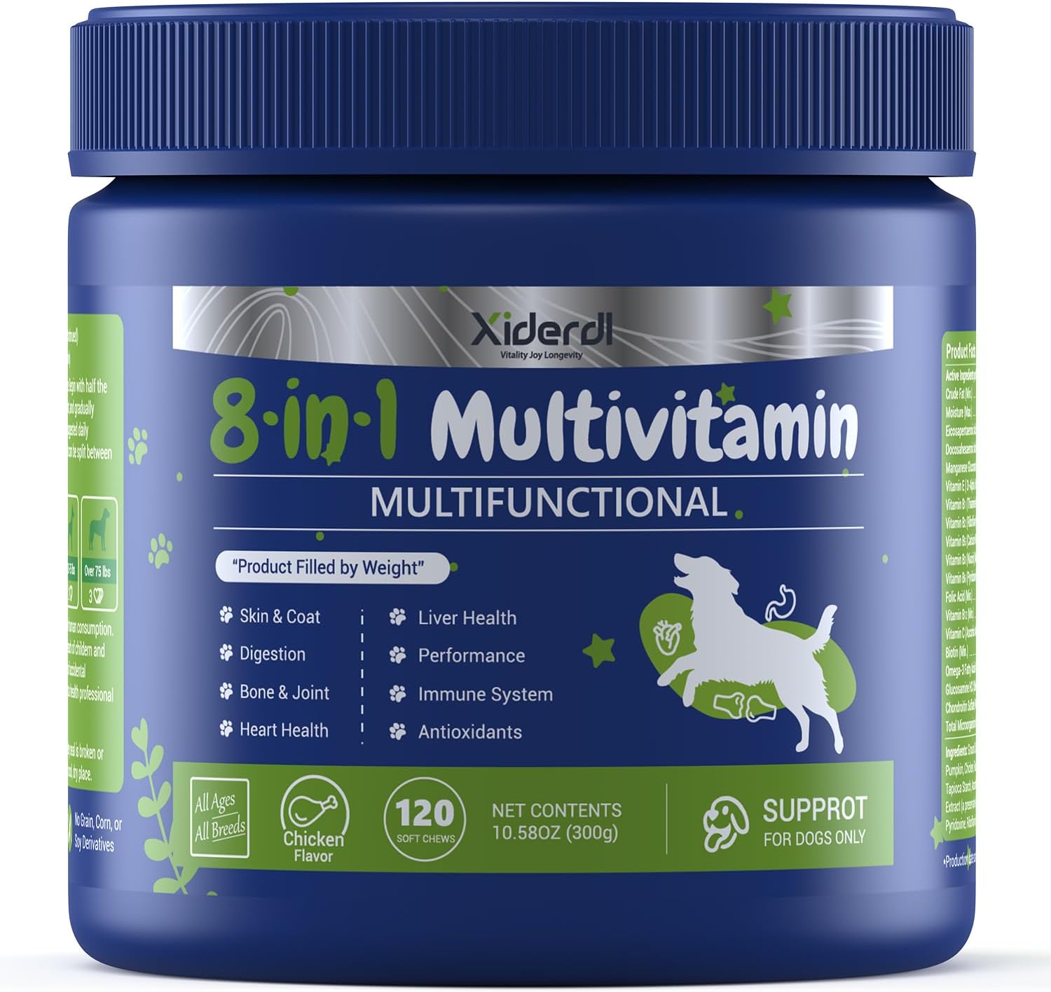 Dog Multivitamin with Glucosamine, Chondroitin, MSM & Probiotics – 8-in-1 Hip & Joint, Skin & Coat, Gut, Heart & Immune Health Supplement Soft Chews for Dogs – 120 Count