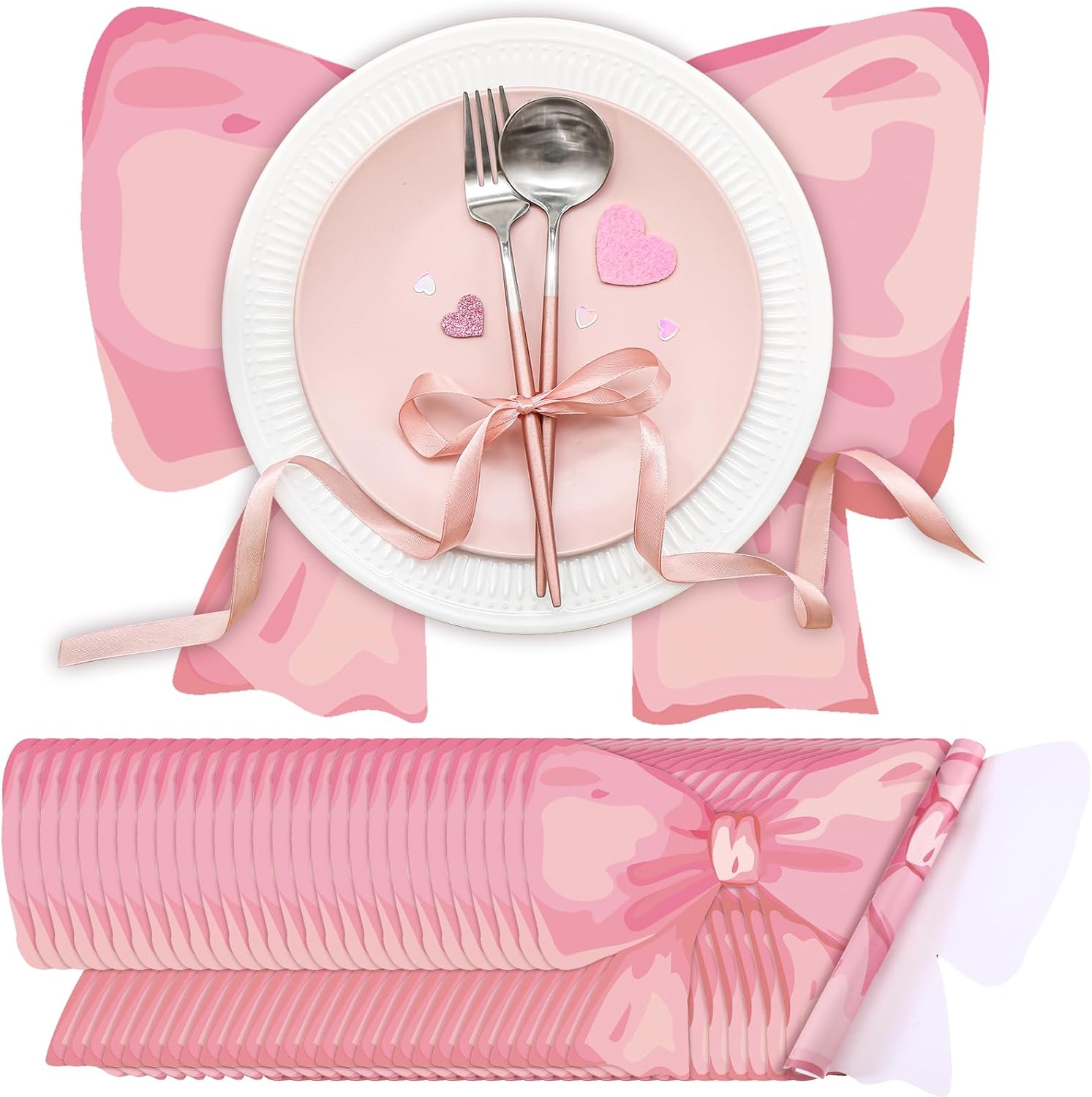 Disposable Bow Placemats Coquette Bow Table Mats Slice 13.8 Inches Decorative Paper Placemats for Birthday Bridal Wedding Party Table Setting(Pink,50 Pack)