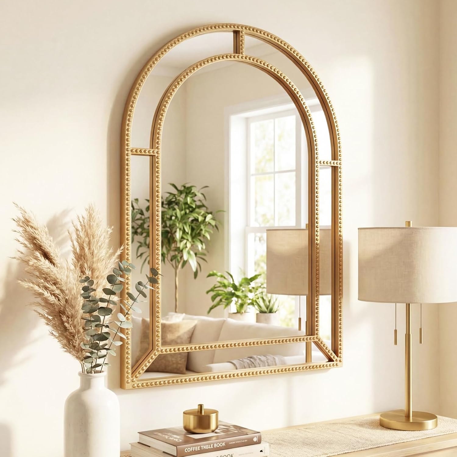 CHARMAID Gold Arched Wall Mirror with Beaded Frame, 36"x24" Decorative Vanity Mirror for Bathroom, Bedroom, Living Room, Entryway, Antique Accent Wall Mounted Mirror Decor