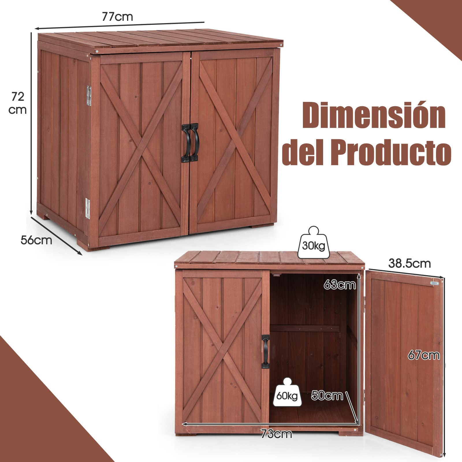 COSTWAY Armario de Almacenamiento de Madera de Abeto para Jardín, Organizador de Herramientas con 2 Puertas de Succión Magnéticas, Cobertizo con Amplio Espacio de Almacenamiento para Patio, Jardín