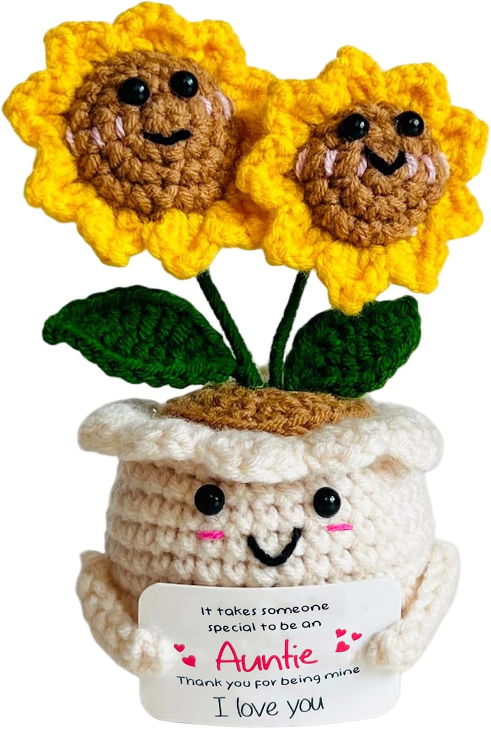 Handmade Emotional Support Crochet Sunflower, Cute Amigurumi Flower Decor with Appreciation Card, Sentimental Gifts for Auntie from Niece or Nephew, Birthday Mother's Day Thank You Gift for Aunt