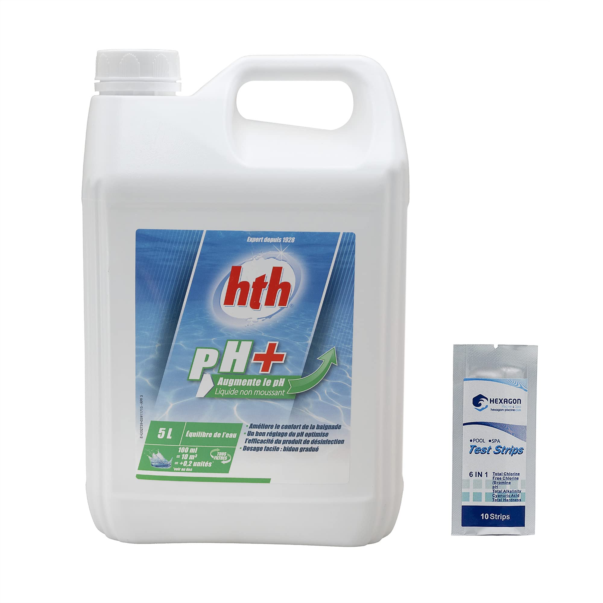 HTH pH Plus Liquide - 5L | Correcteur de pH Liquide - Augmente Le pH + 10 Tests HPS OFFERTS 6 en 1