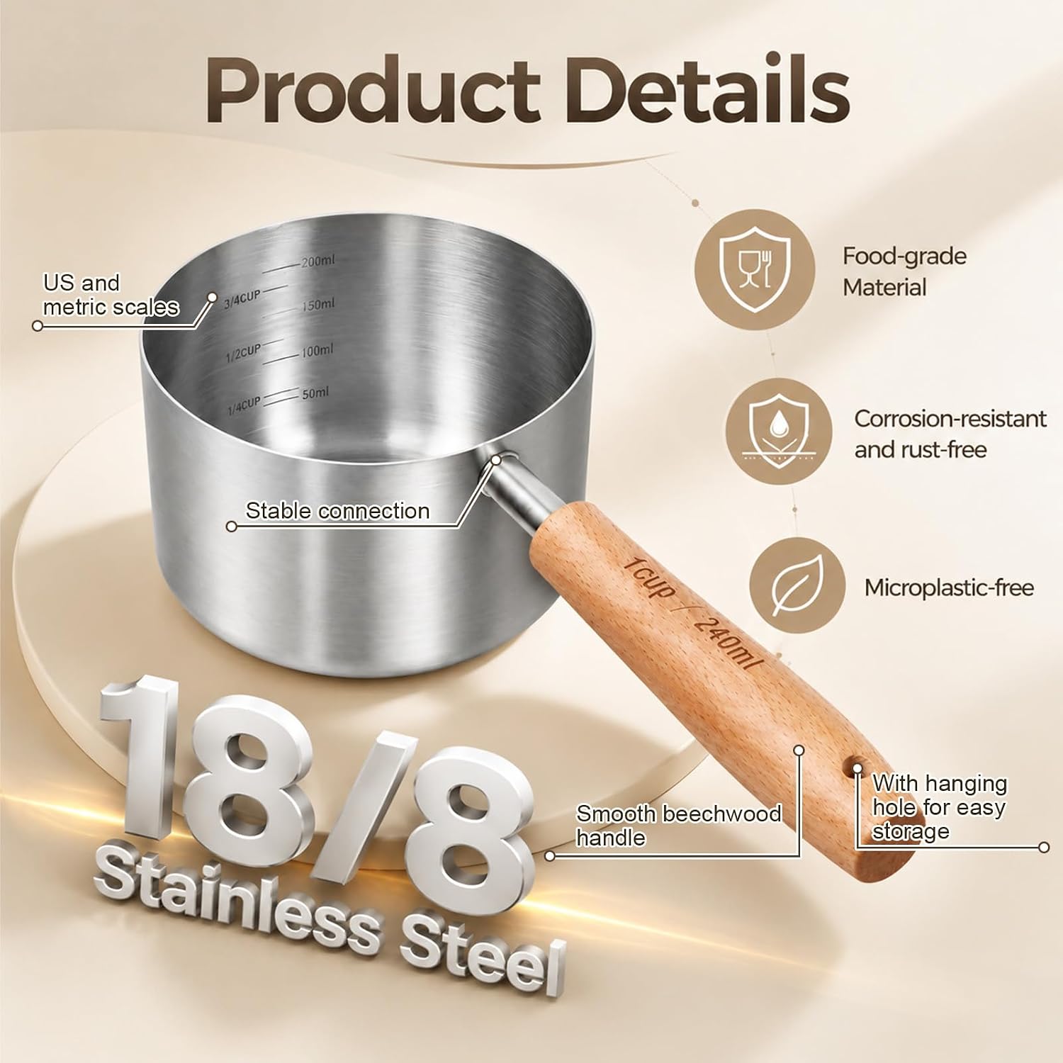 1Pcs 1Cup(240ml | 8oz) 304 Stainless Steel Measuring Cup with Precise Scale