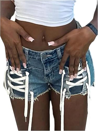 GORGLITTER Women's Lace Up Mini Jean Shorts Jorts Y2K Low Ri