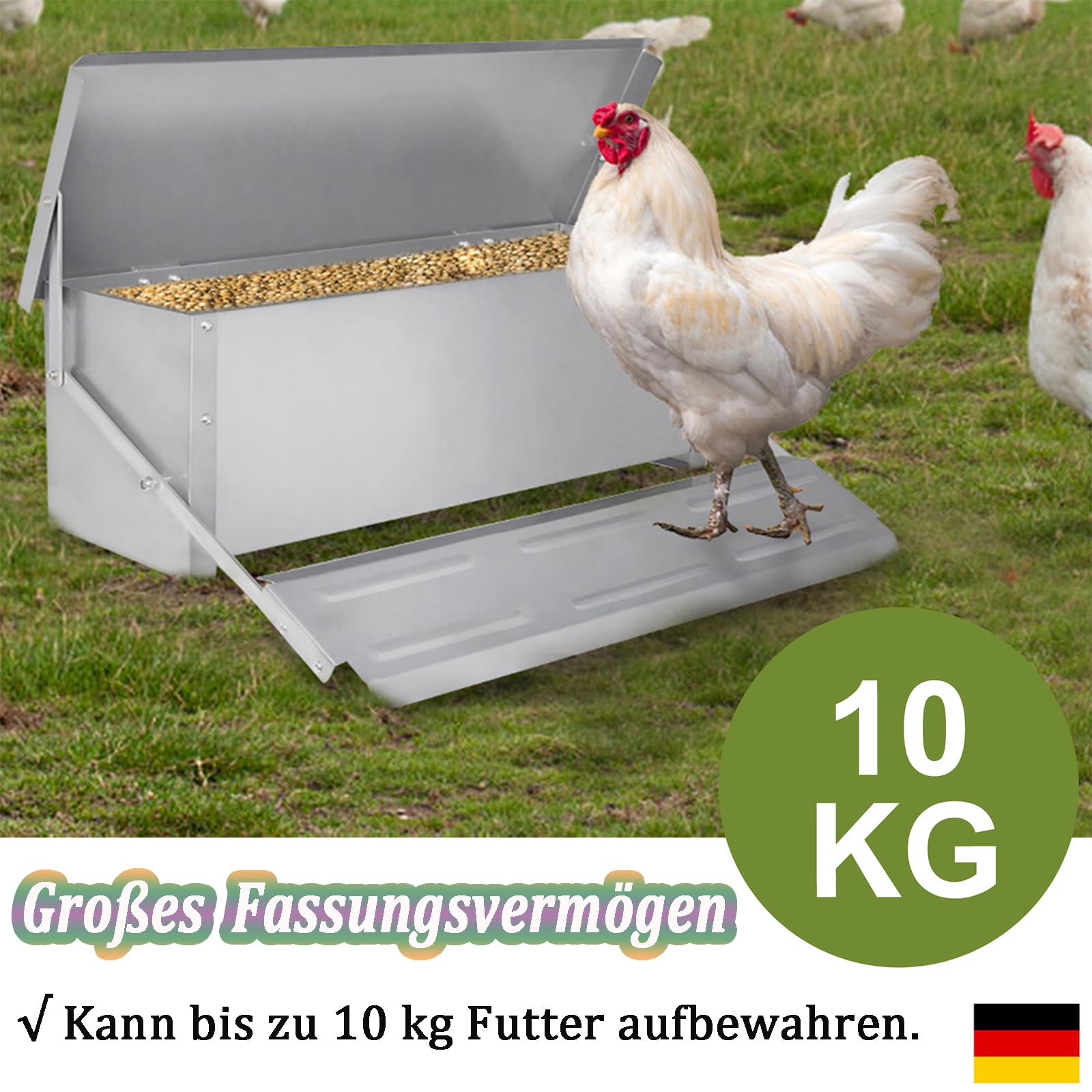 Aufun Comedero automático 10 kg de acero galvanizado | Comedero para gallinas, con patas automáticas y tapa resistente al agua, comedero para aves de corral, pollos, patos, gansos