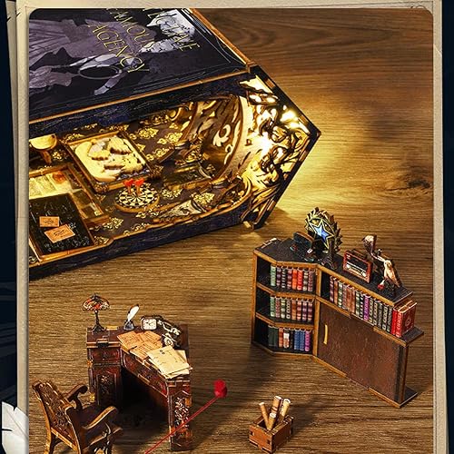 Miniatura 4 de Rompecabezas de madera 3D con caja de música de luz sensor, kit de montaje de rincón de libros en miniatura, kit de montaje de rincón de libros en