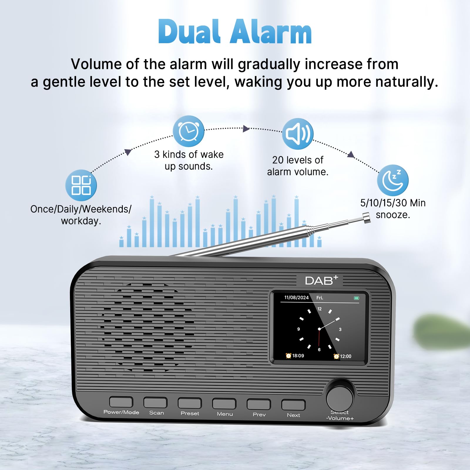 DAB Radio con Bluetooth, radio digitale FM ricaricabile, radio a batteria, radio portatile DAB+, radio da cucina con 80 preset, display a colori da 2,4 pollici, doppia sveglia, timer