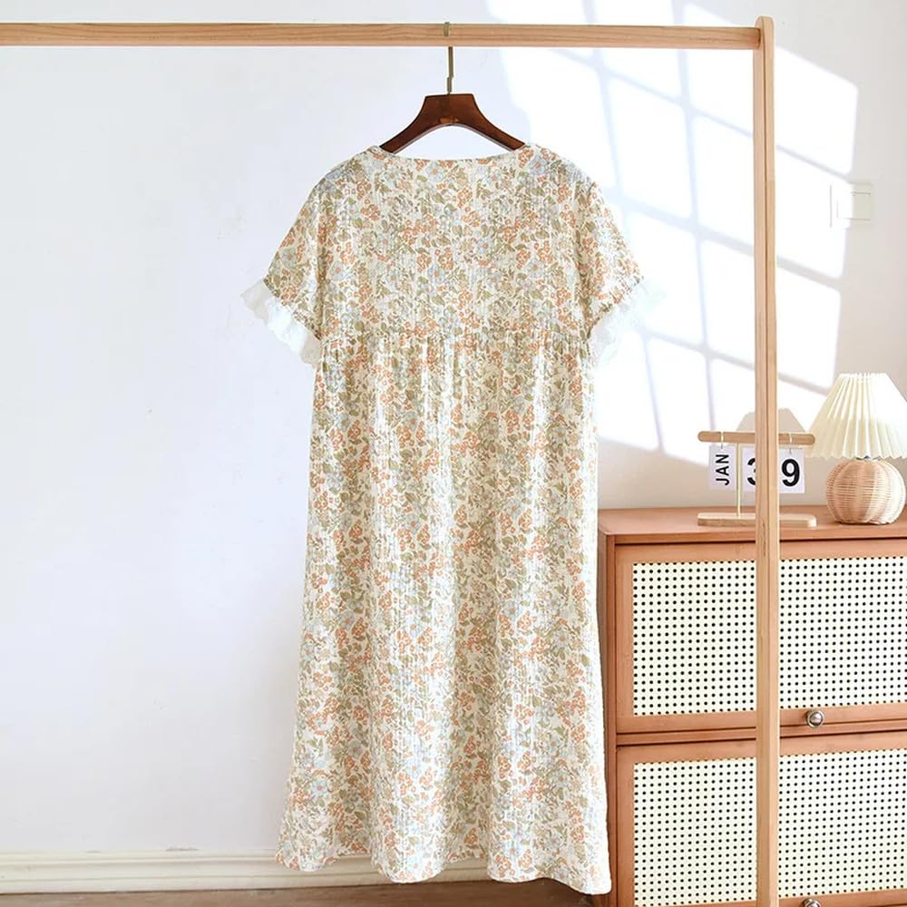 Camicia da Notte Donna - Gonna da Notte da Donna Estiva Gonna Lunga A Maniche Corte in crêpe di Cotone Gonna da Notte Sottile E Carina con Scollo A V in Pizzo Dolce