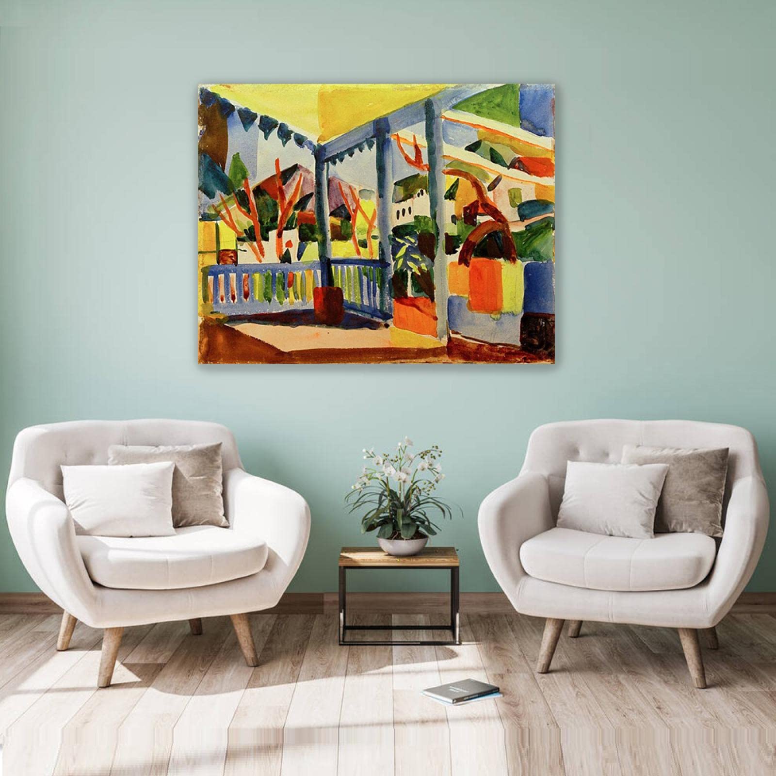 JZSDGB enmarcado-August Macke Pintura Reproducción de Carteles Cuadro en lienzo-impresión Obras de Arte-Cuadros famosos impreso sobre lienzo'Terraza de casa de campo en St. Germain' 70x90cm(28x35in)