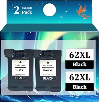 62XL Printer Ink Cartridge Replacement for HP Ink 62 62XL Cartridge Combo Pack Compatible for HP OFFICEJE 200 250 258 5744 8045 5540 5541 5745 5746 Printers, 2 Packs 2 Black