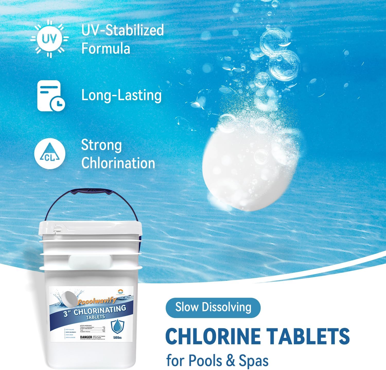 3 Inch Chlorine Tablets for Swimming Pools & Spas | 90% Available Chlorine Trichlor Pool Tablets | Long-Lasting Slow Dissolving Sanitizer for Clean & Clear Water (3inch-50Lbs)