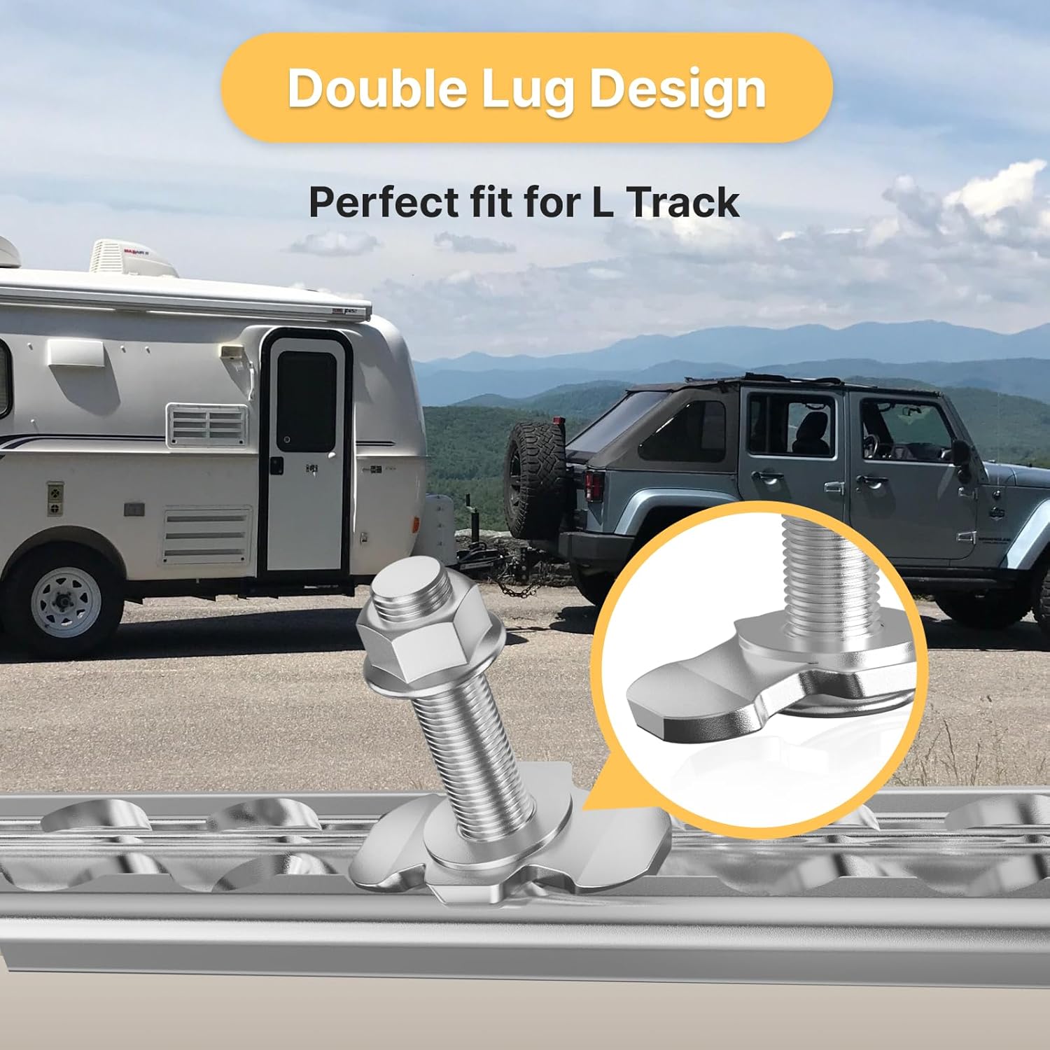 6 Pack L-Track Double Lug Threaded Stud Nut Fitting Tie Down,L Track Hooks, L Track Accessories,Heavy Duty Cargo Control Anchor for Truck Bed & Trailer, 3/8"-24 UNF x 1.8",2000 LBS – Silver