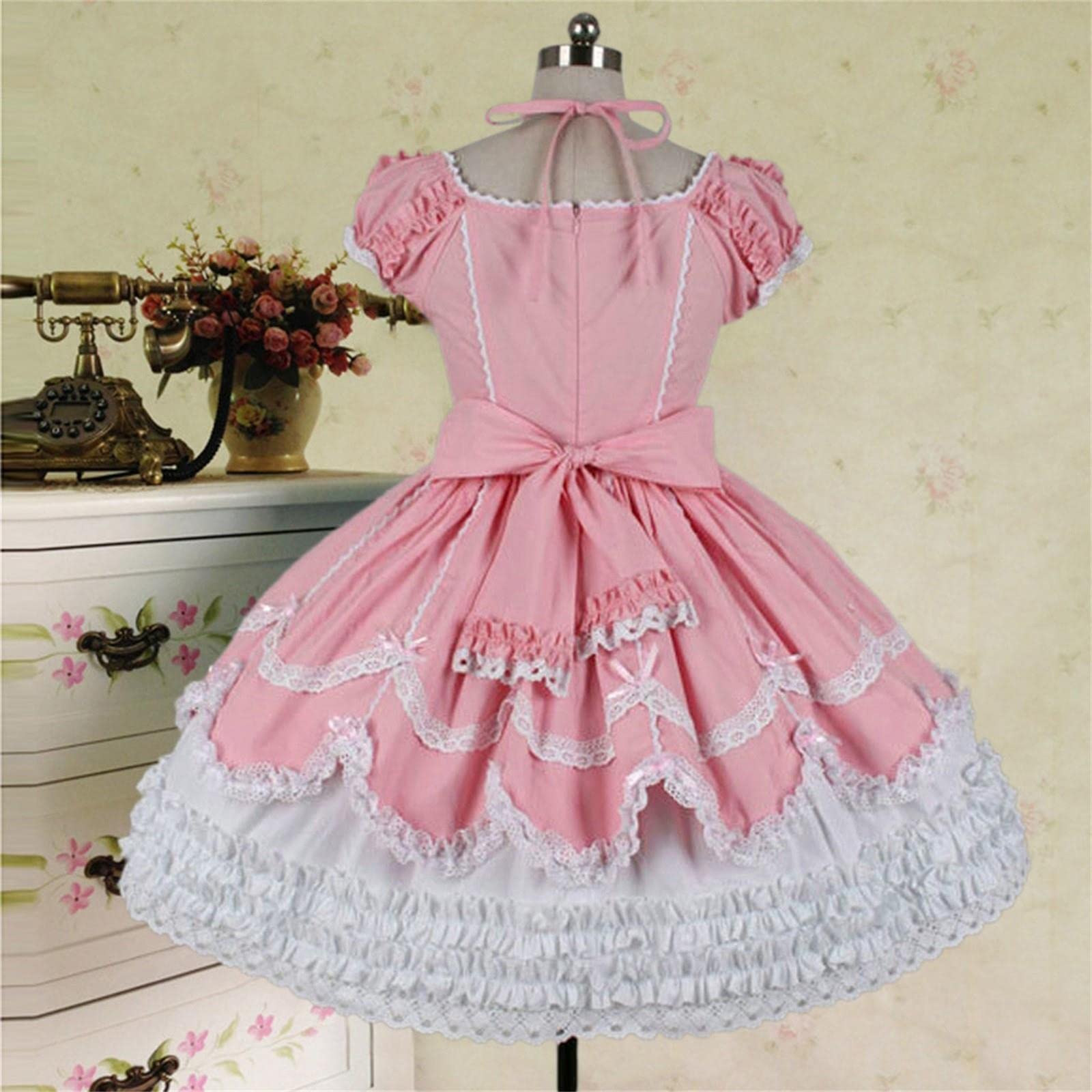 Japoński styl lolita kobiety sukienka w stylu Vintage gotycka kokarda koronkowa falbana z krótkim rękawem Patchwork sukienek Cos kostium
