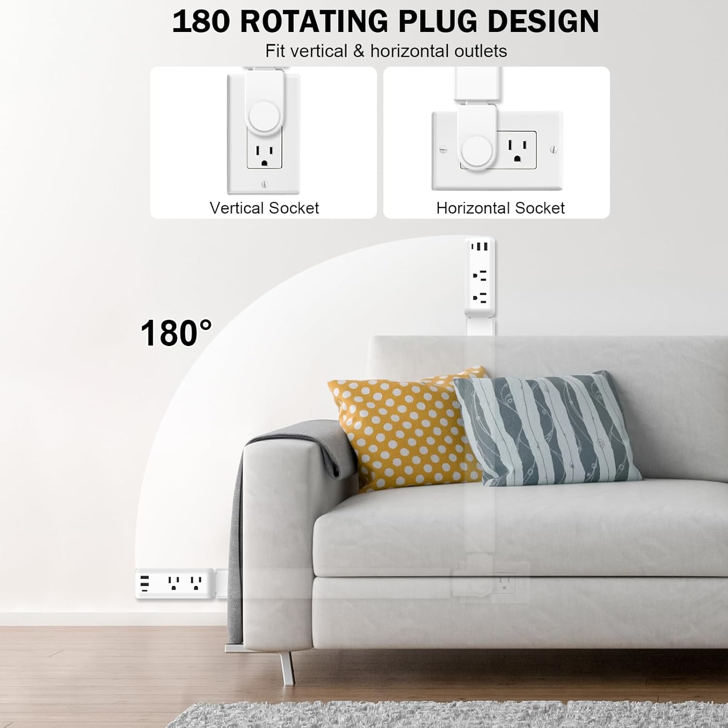 Extendable Electrical Outlet Extender Stick, 2 AC Outlets with USB-A & USB-C Ports, 22"-34" Adjustable Length, 180° Rotatable Wall Power Socket Expander for Nightstand, Sofa, Desk Hard-to-Reach Plugs
