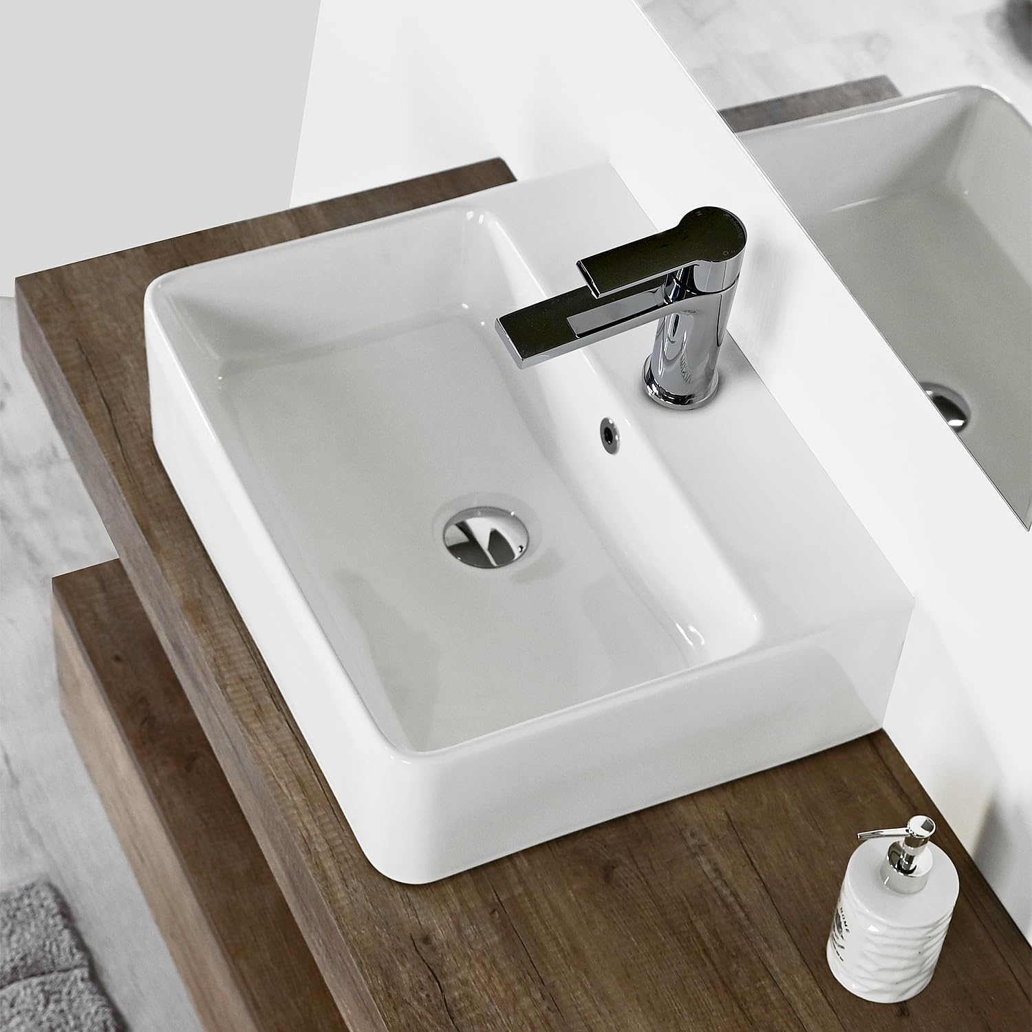 Lavabo Bagno forma Rettangolare in Ceramica Bianco Lucido Misure 53 x 42 x 15 cm - Per piani d'appoggio sospeso in bagno e mobili da toilette