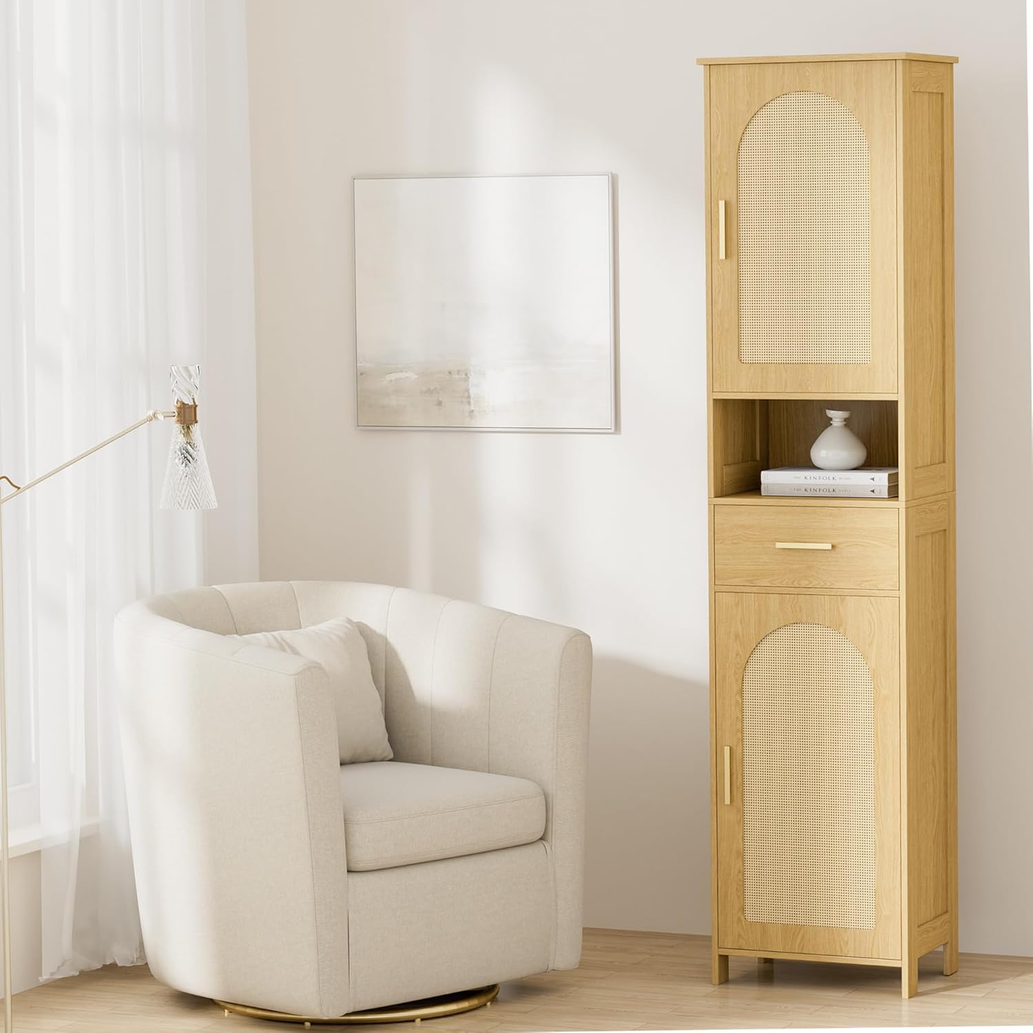Homhedy 67"H Tall Bathroom Storage Cabinet with Rattan Decorated Door and Drawer, Narrow Storage Unit, Adjustable Shelves, Floor Cabinet for Bathroom, Living Room, Entryway, Kitchen, Natural, (15.7"W)