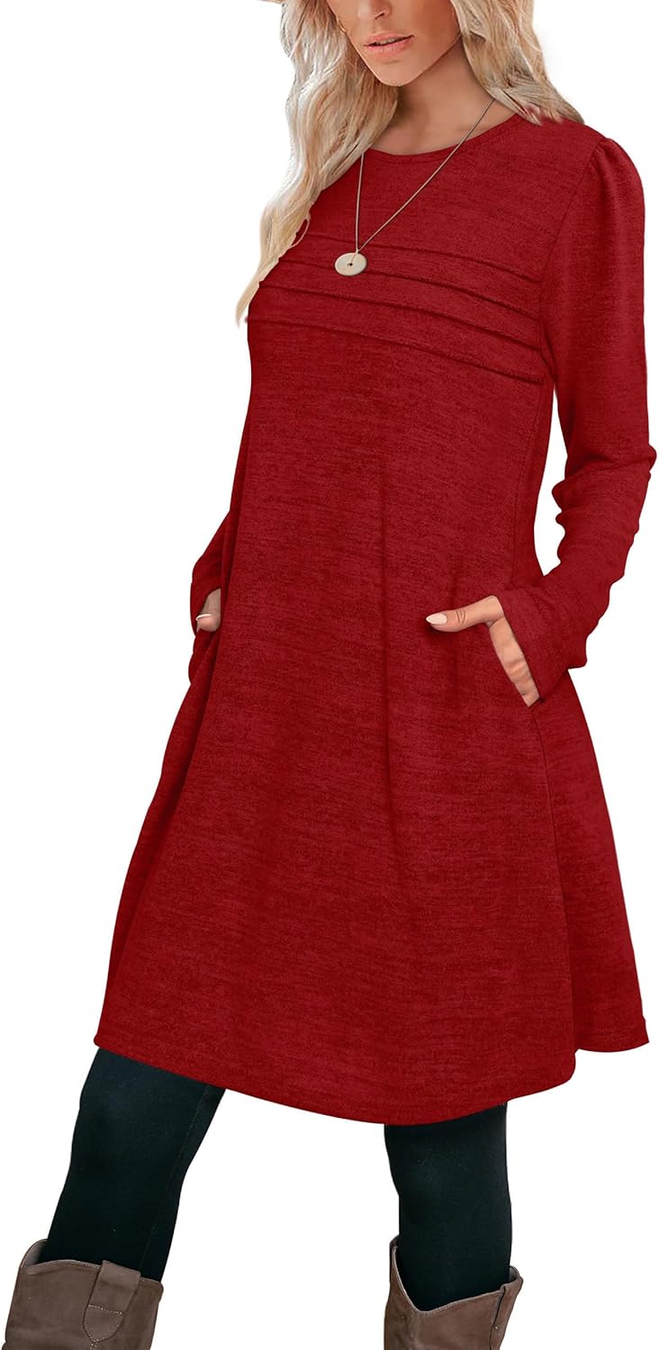 OFEEFAN Womens Long Sleeve Tunic Dress Fall Fashion Sweater Dress with Pockets Pleated Front Casual Winter - Image 2