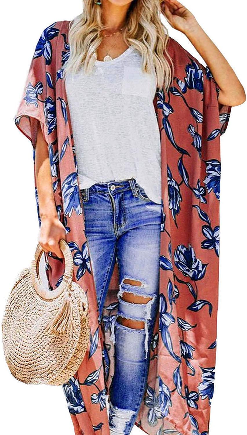 ChainJoy Women's Summer Beach Boho Chiffon Kimono Cardigans Sheer Open Front Cover Ups Tops
